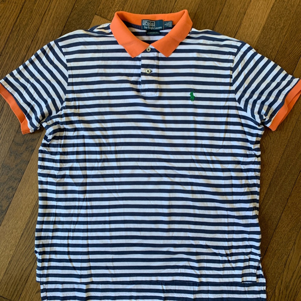 Polo RL blue and white with green logo and orange deets.